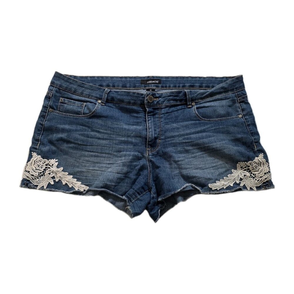 Vtg Jordache Denim Shorts Womens 18 Plus Size Blue Lace Inserts Western Y2K Boho